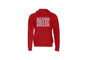 weekend, coffee, soccer hoody red